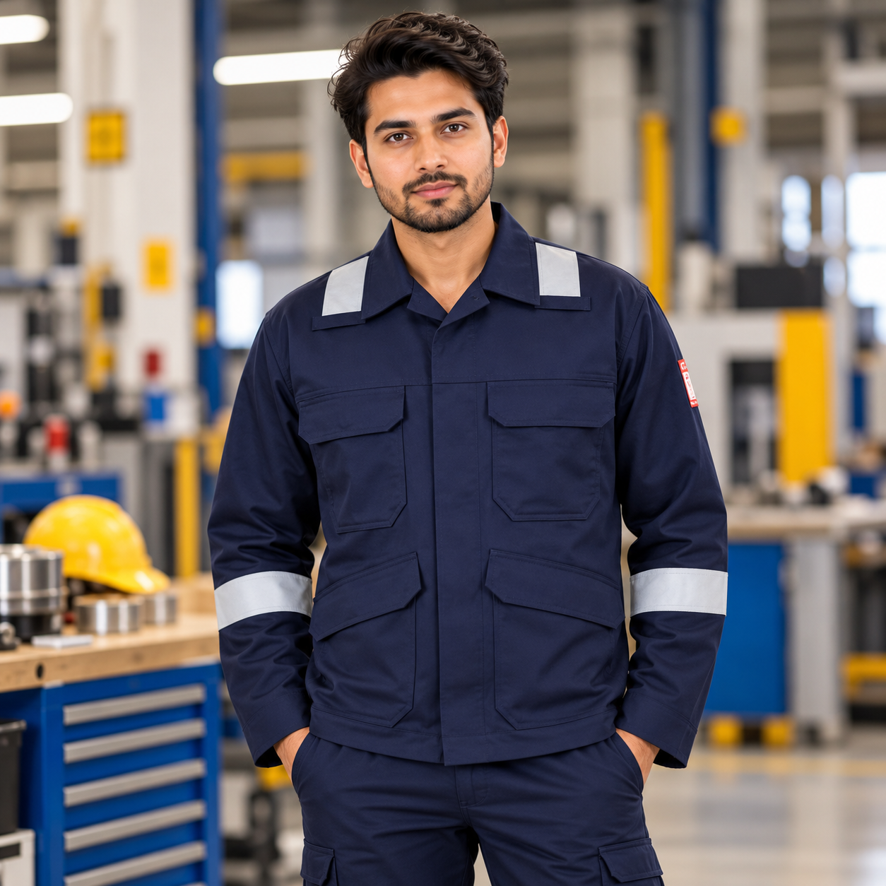 Navy Blue Industrial Work Jacket – Reflective Shoulder and Sleeve Stripe Safety Jacket