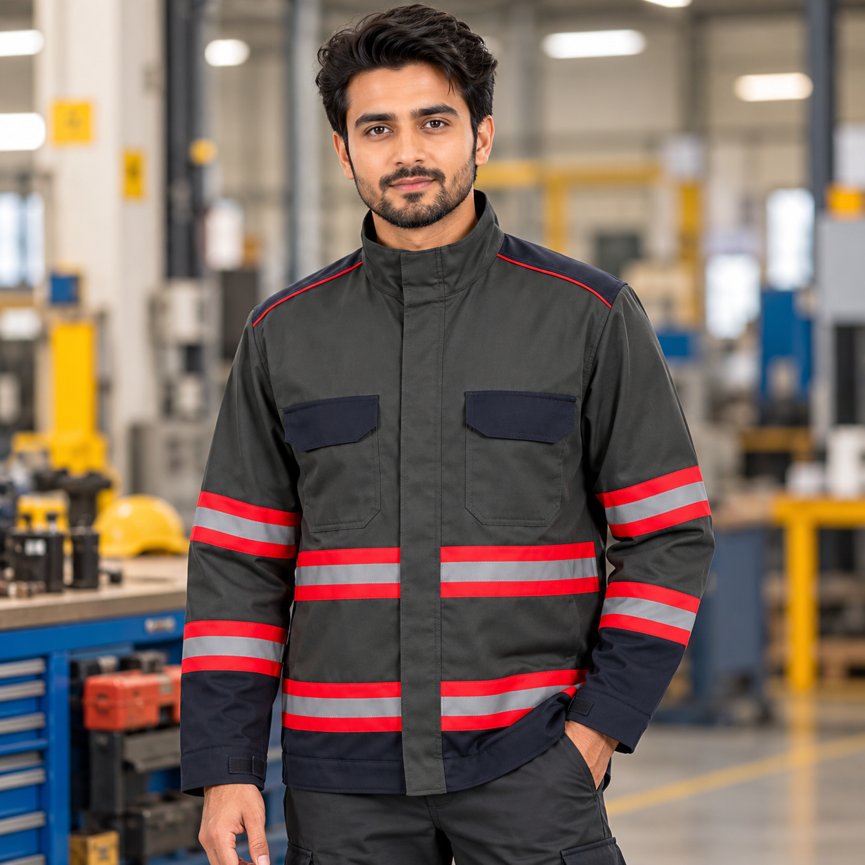 Charcoal Grey Industrial Safety Jacket – Red and Silver Reflective Stripe Workwear Jacket