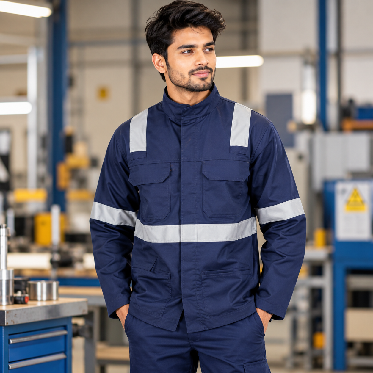 Navy Blue Industrial Safety Jacket – Silver Reflective Stripe Workwear Jacket