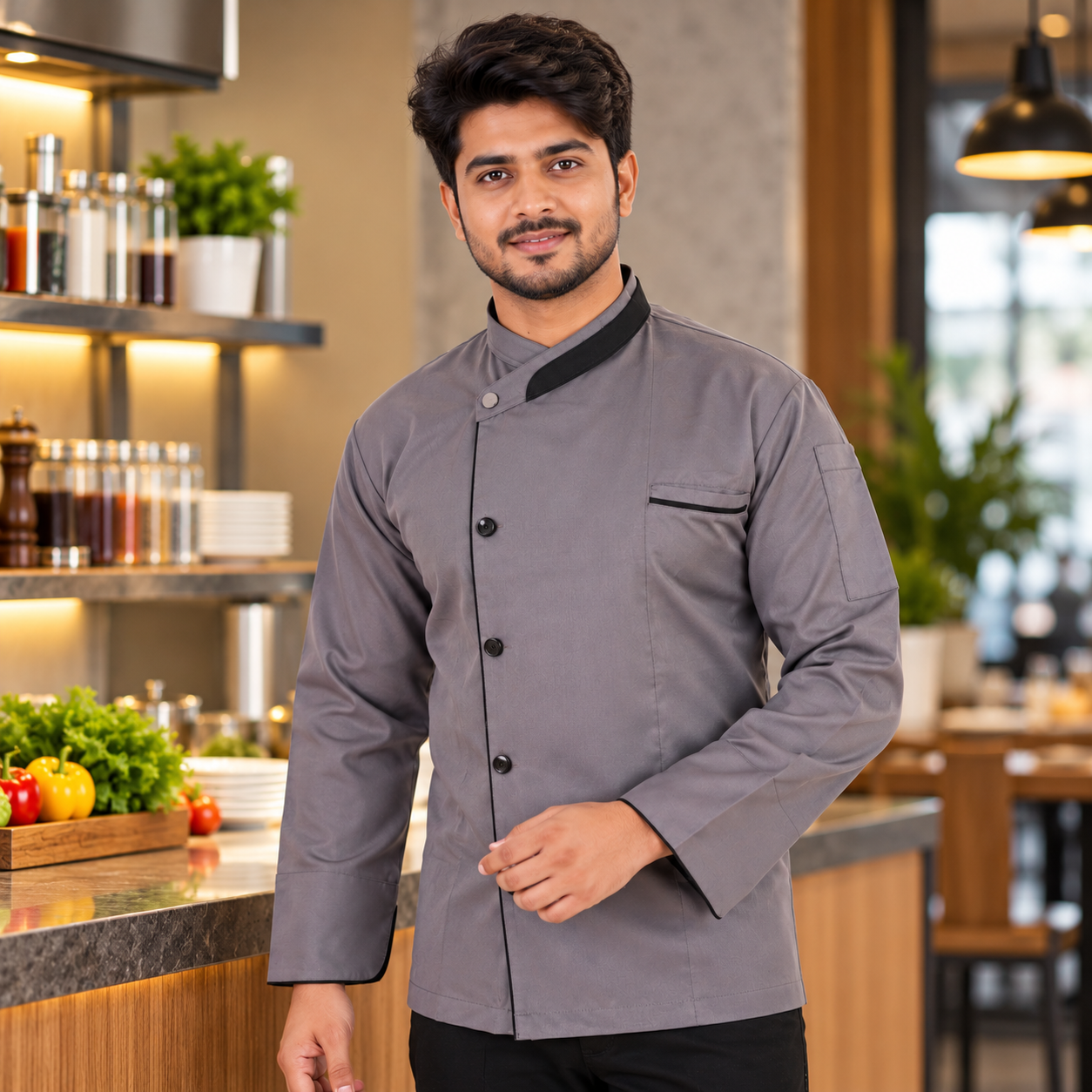 Grey Professional Chef Coat – Black Contrast Collar and Buttoned Kitchen Jacket