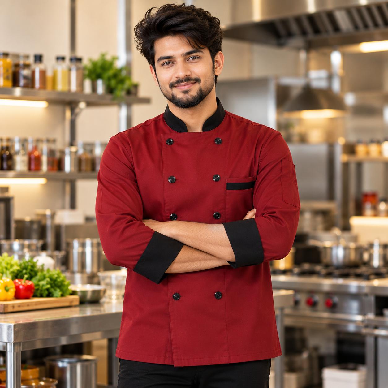 Red Professional Chef Coat – Black Contrast Double-Breasted Chef Jacket