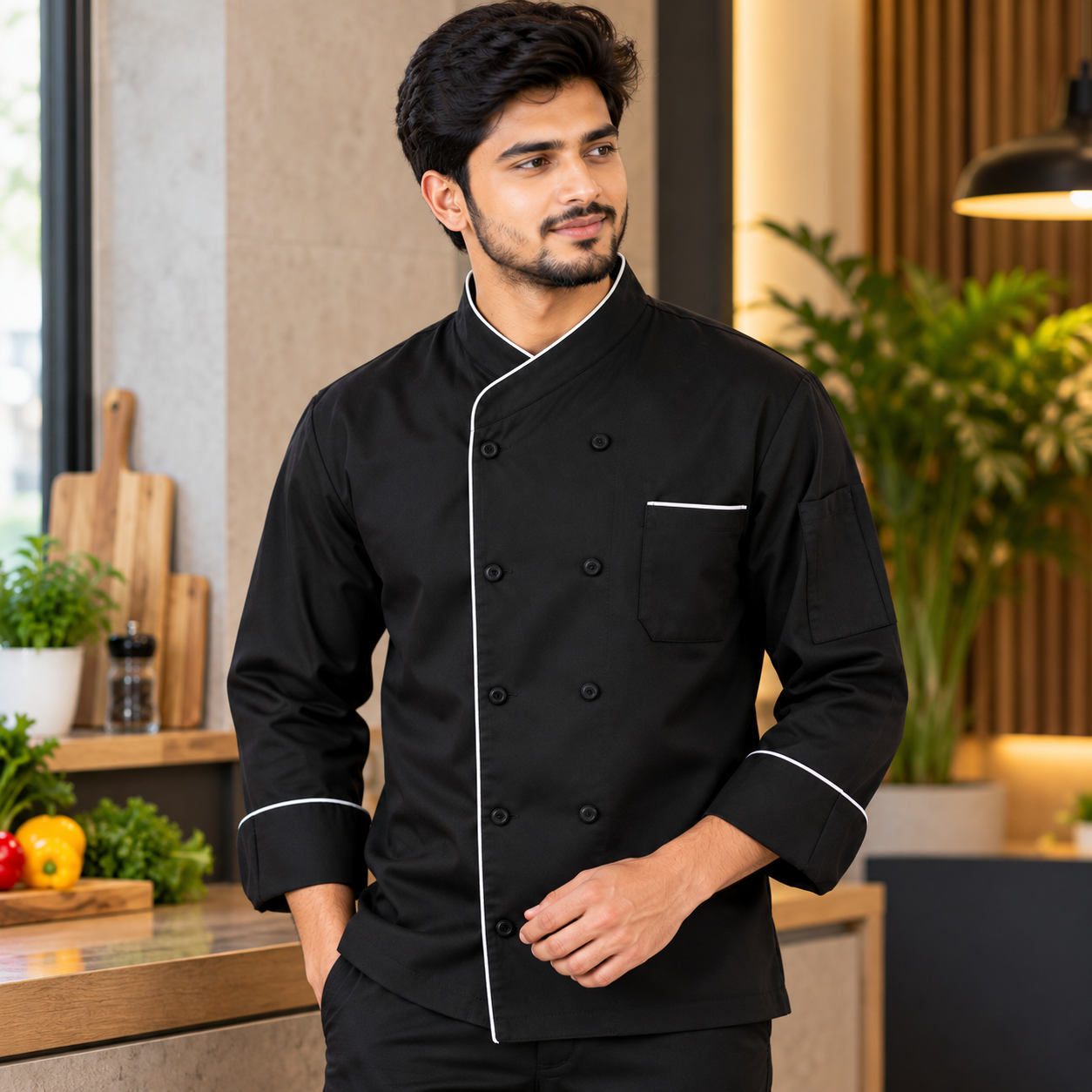 Black Professional Chef Coat – White Piping Double-Breasted Chef Jacket