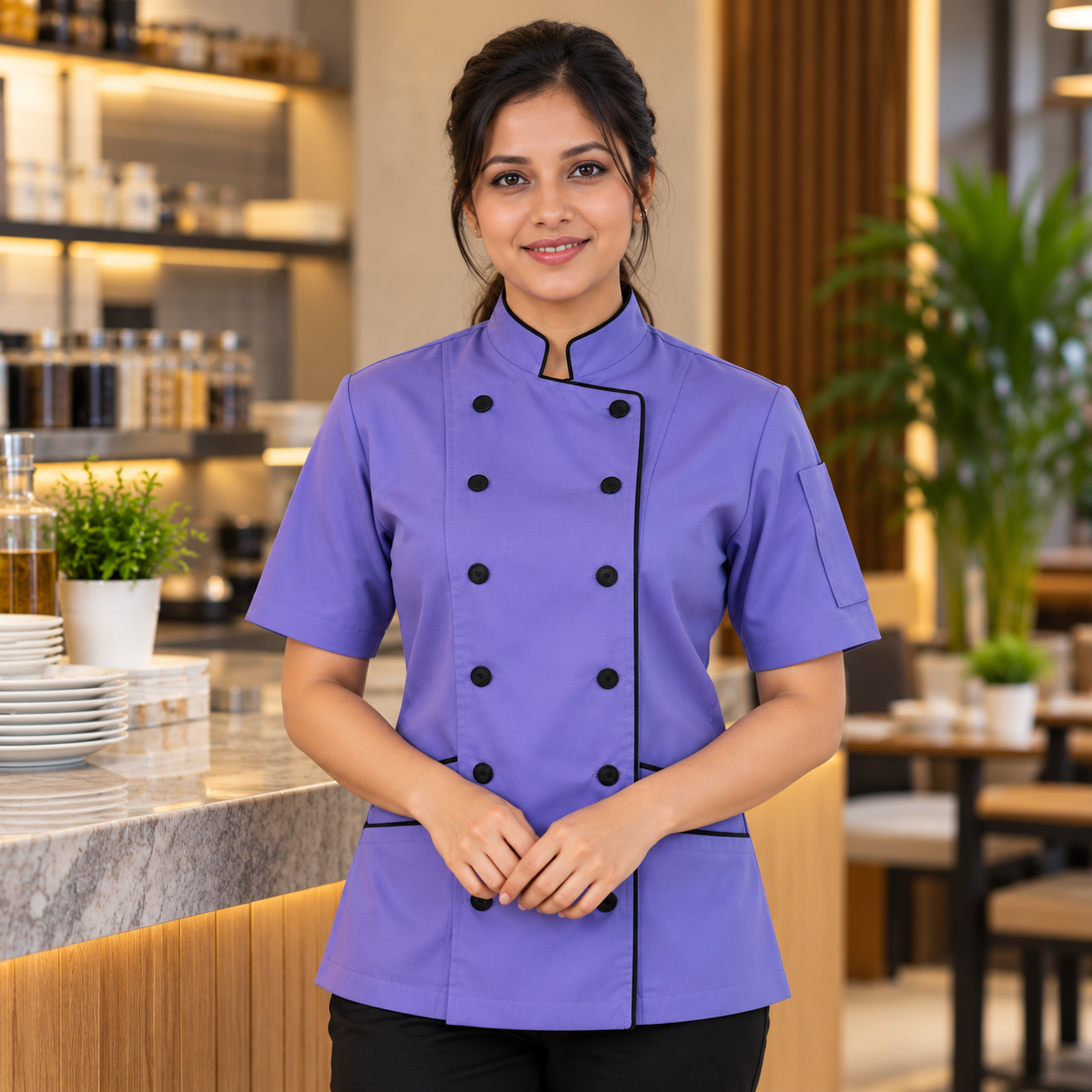 Purple Women's Professional Chef Coat – Short Sleeve Double-Breasted Chef Jacket