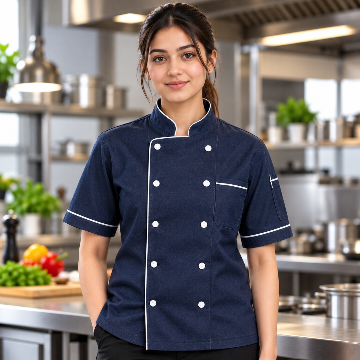 Navy Blue Women's Professional Chef Coat – White Piping Short Sleeve Double-Breasted Chef Jacket