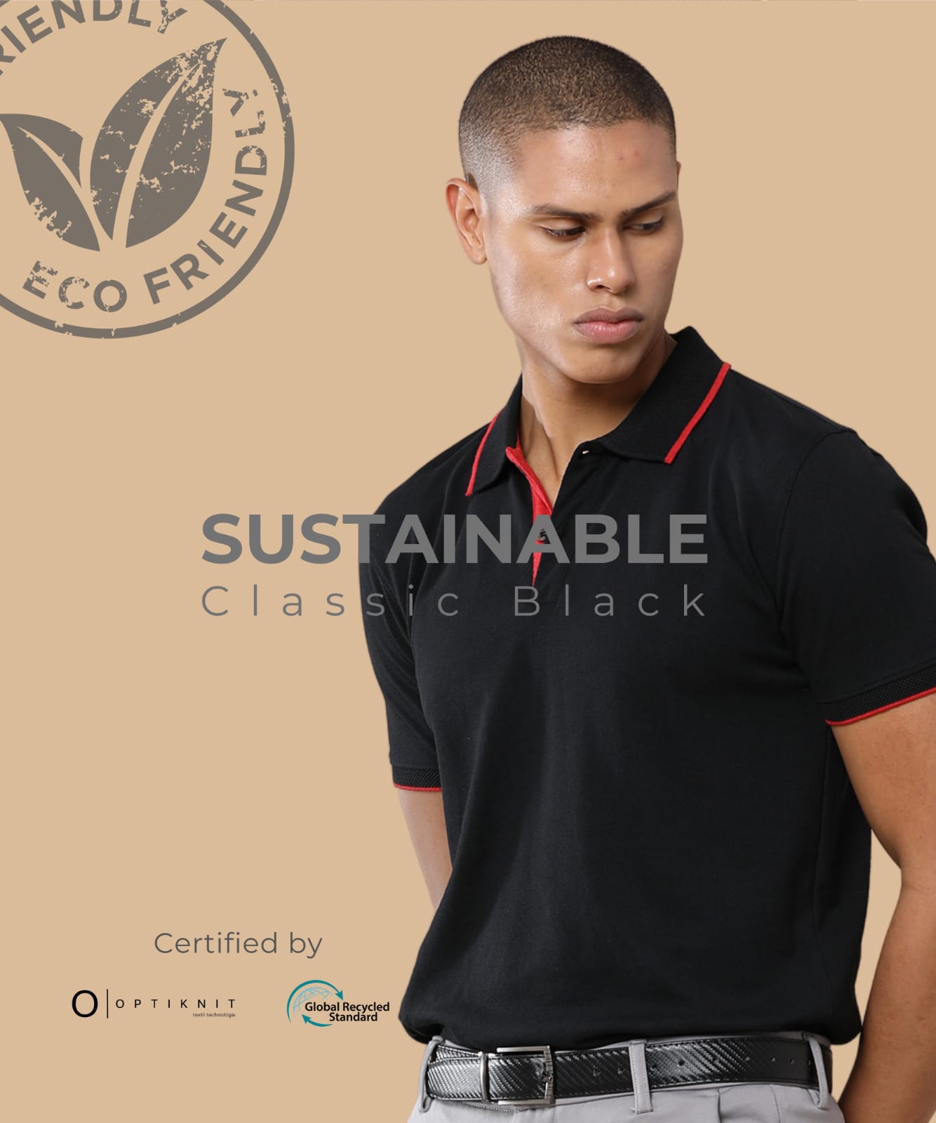 Black Sustainable Polo T-Shirt with Red Contrast Piping