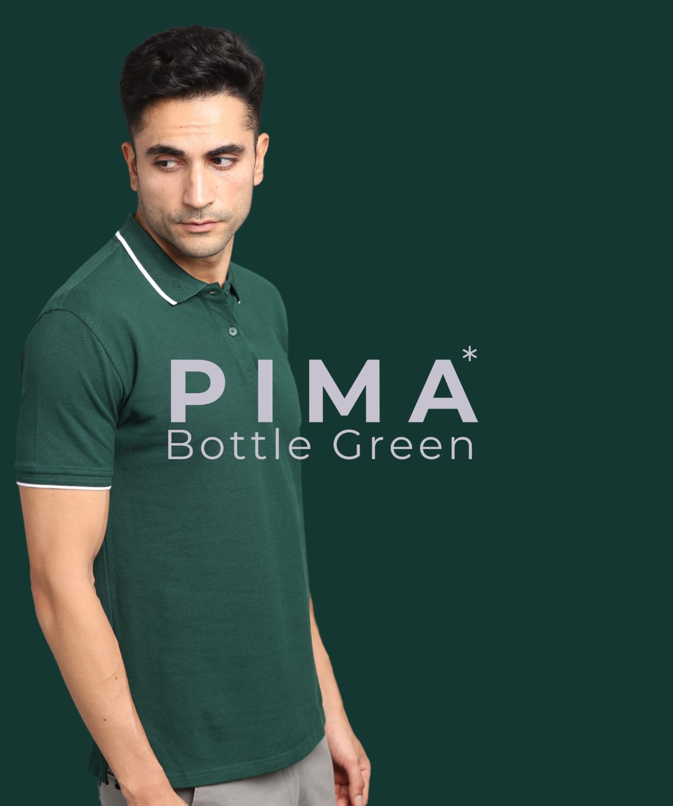 PIMA Bottle Green Polo T-Shirt – White Piping Short Sleeve