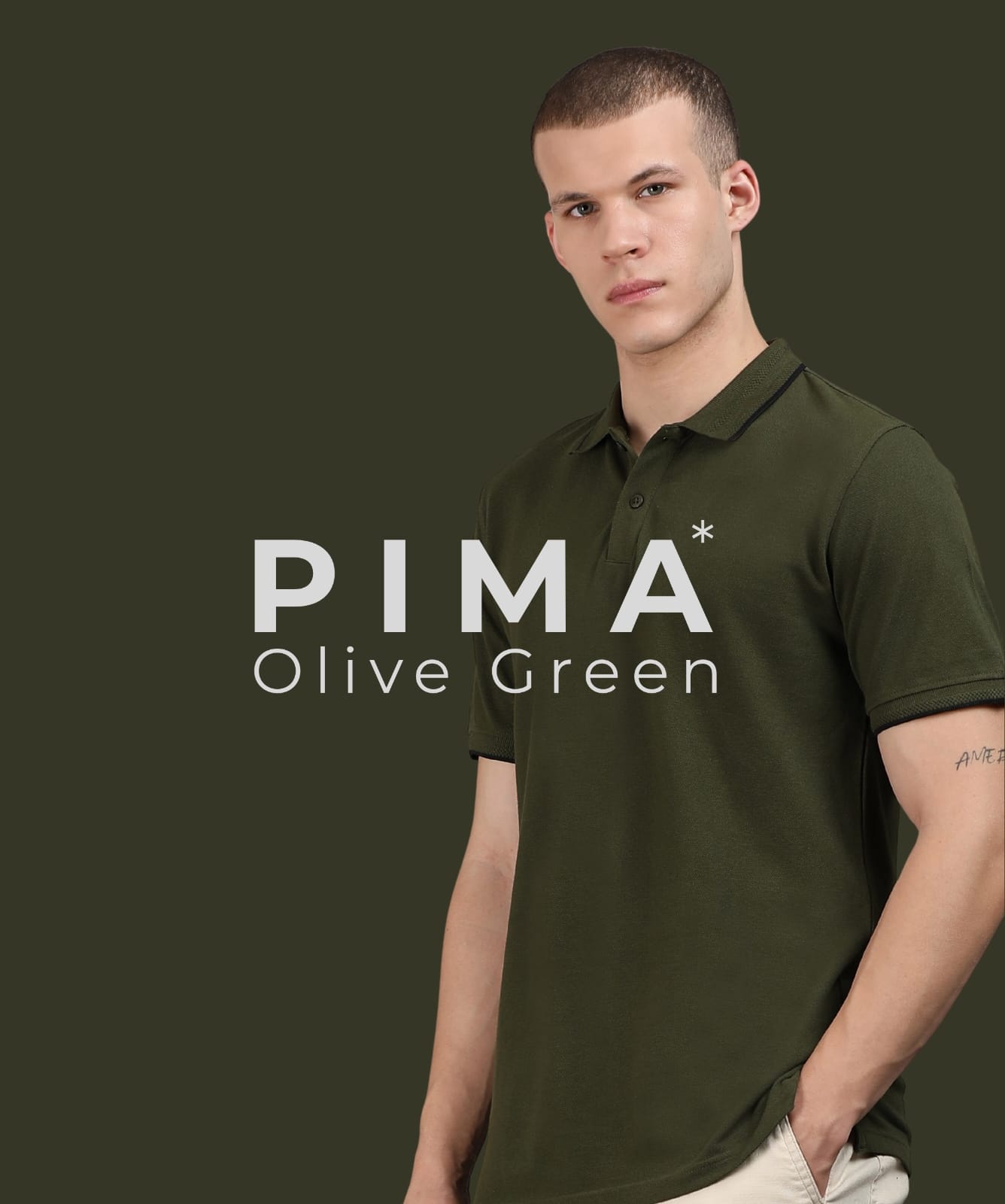 PIMA Olive Green Polo T-Shirt – Black Contrast Piping Short Sleeve