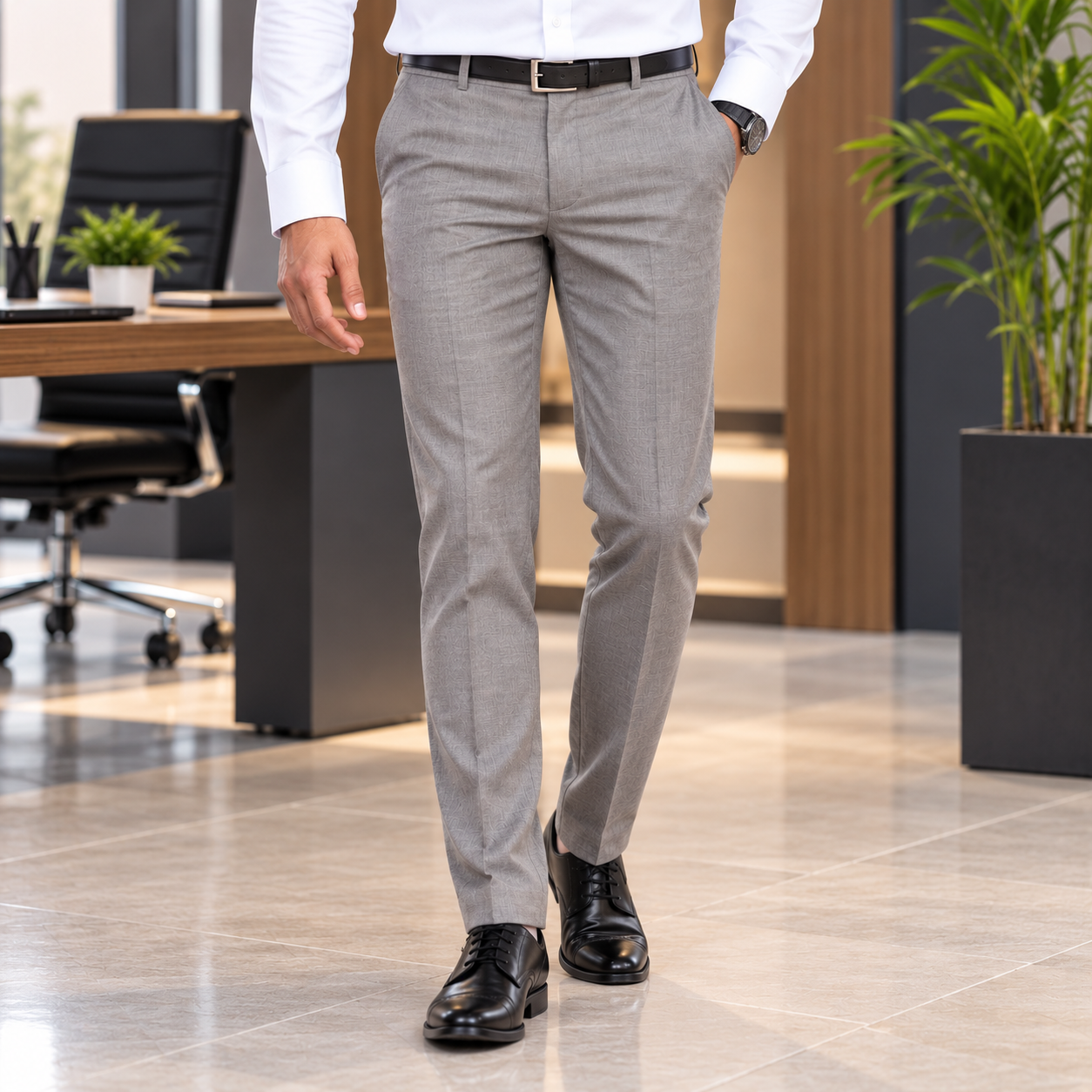 Light Grey Textured Corporate Formal Pants for Men