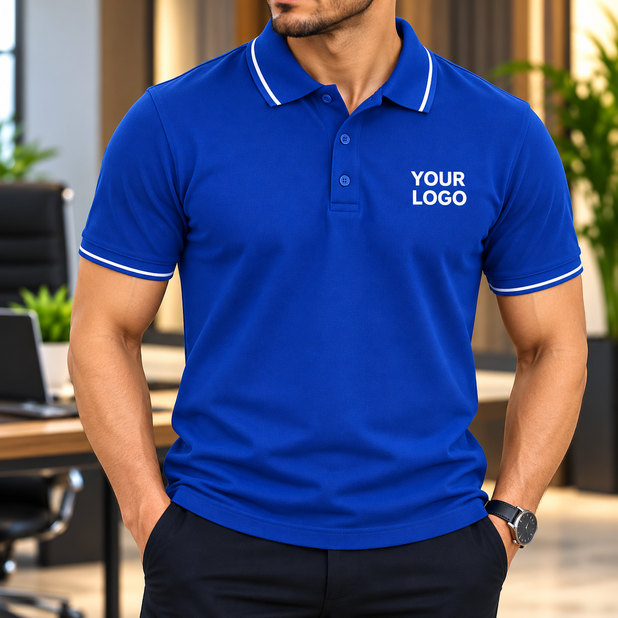 Royal Blue Corporate Polo T-Shirt for Men – White Tipped Collar & Half Sleeves