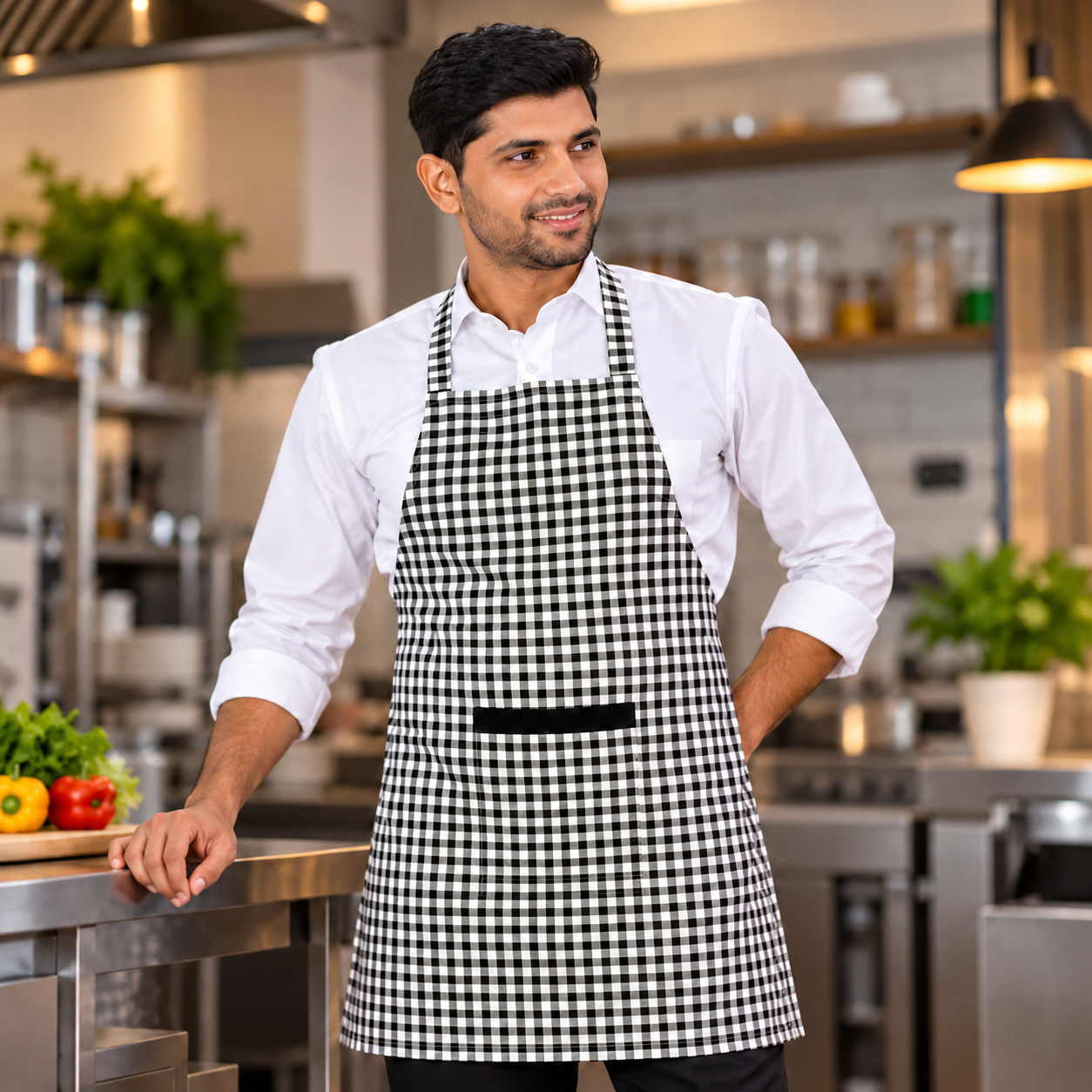 Men's Black and White Gingham Check Chef Apron