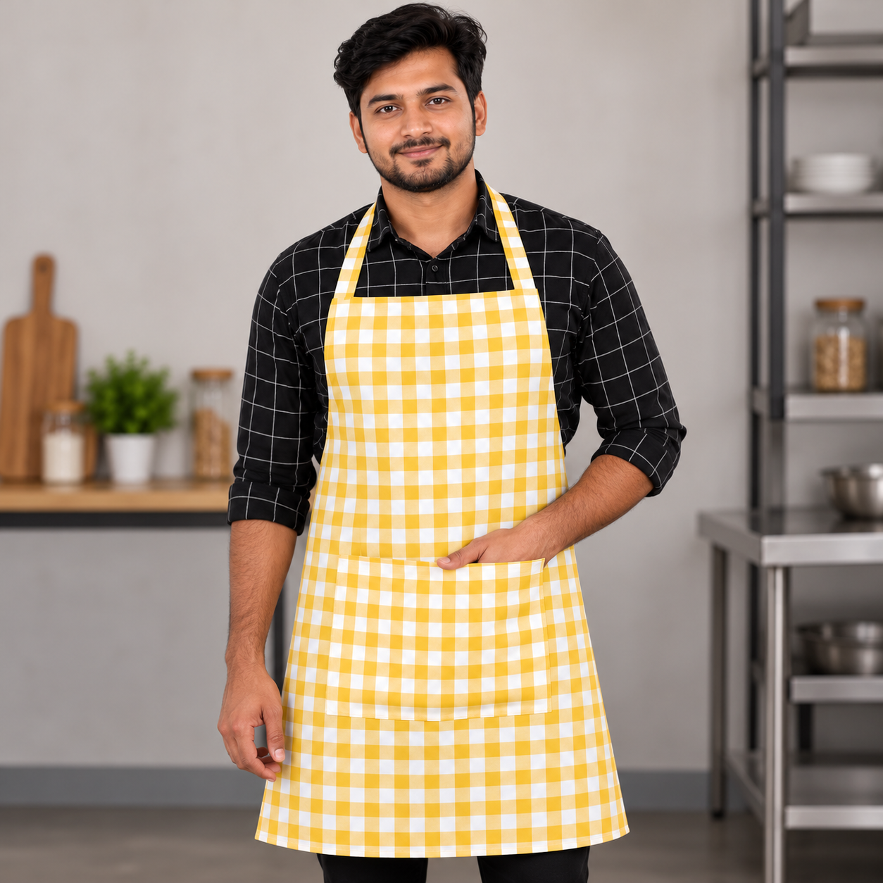 Men's Yellow and White Checkered Kitchen Apron with Front Pocket