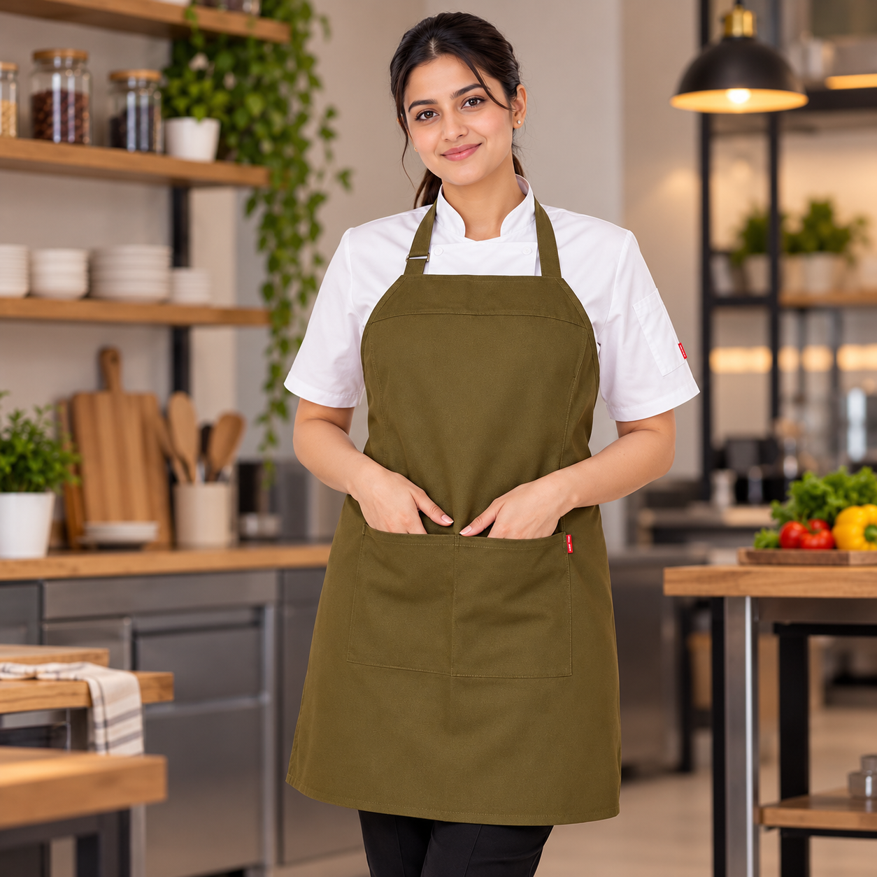 Women's Olive Green Chef Apron with Large Front Pocket