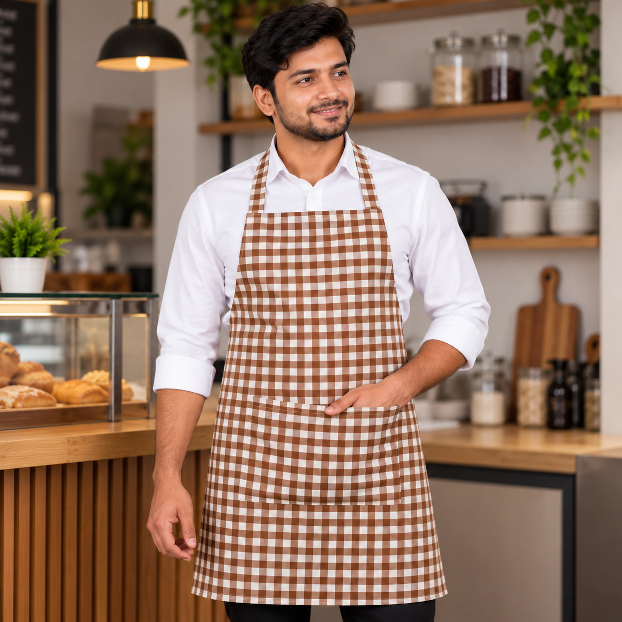 Men's Brown and White Checkered Kitchen Apron with Front Pocket