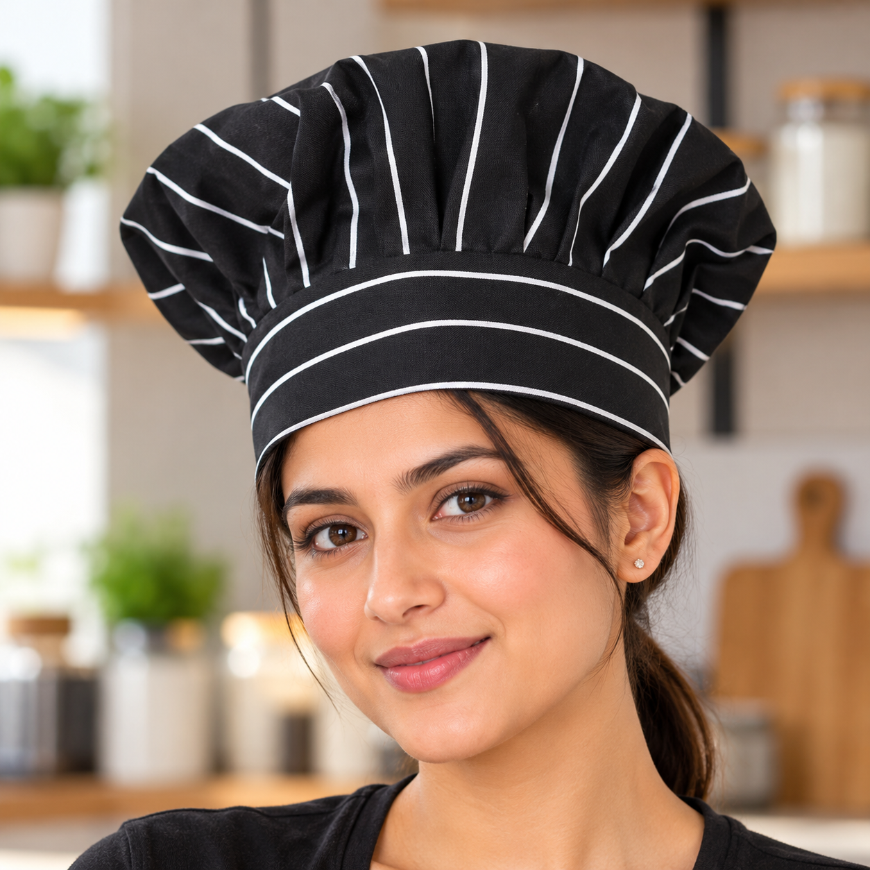Black and White Striped Chef Hat for Professional Kitchen Staff