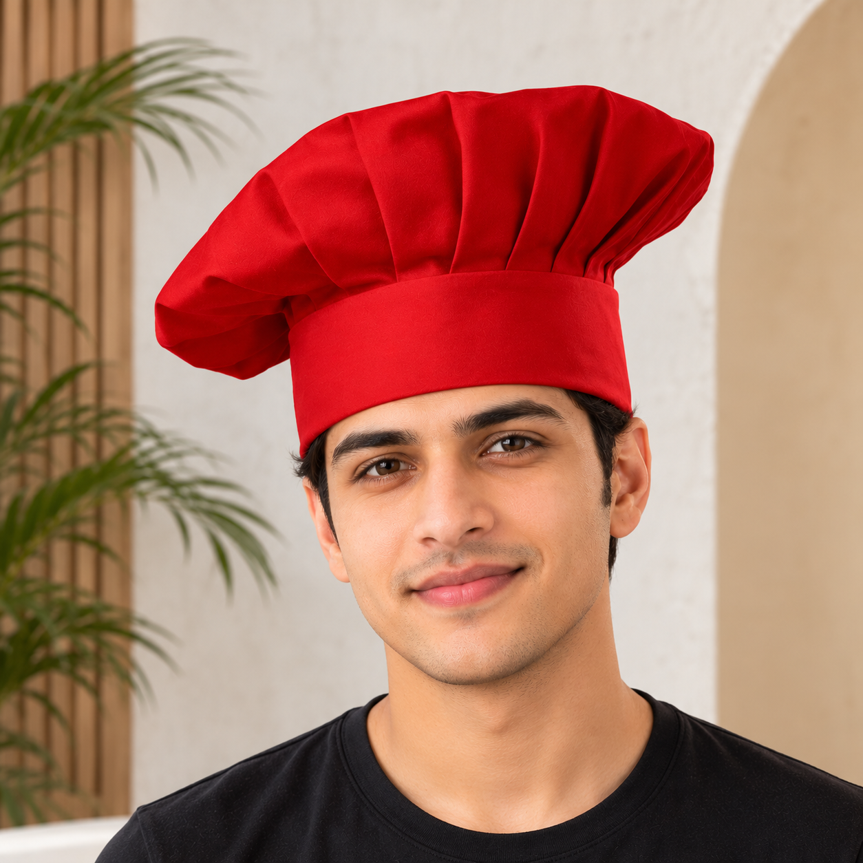Red Pleated Chef Hat for Professional Kitchen Staff