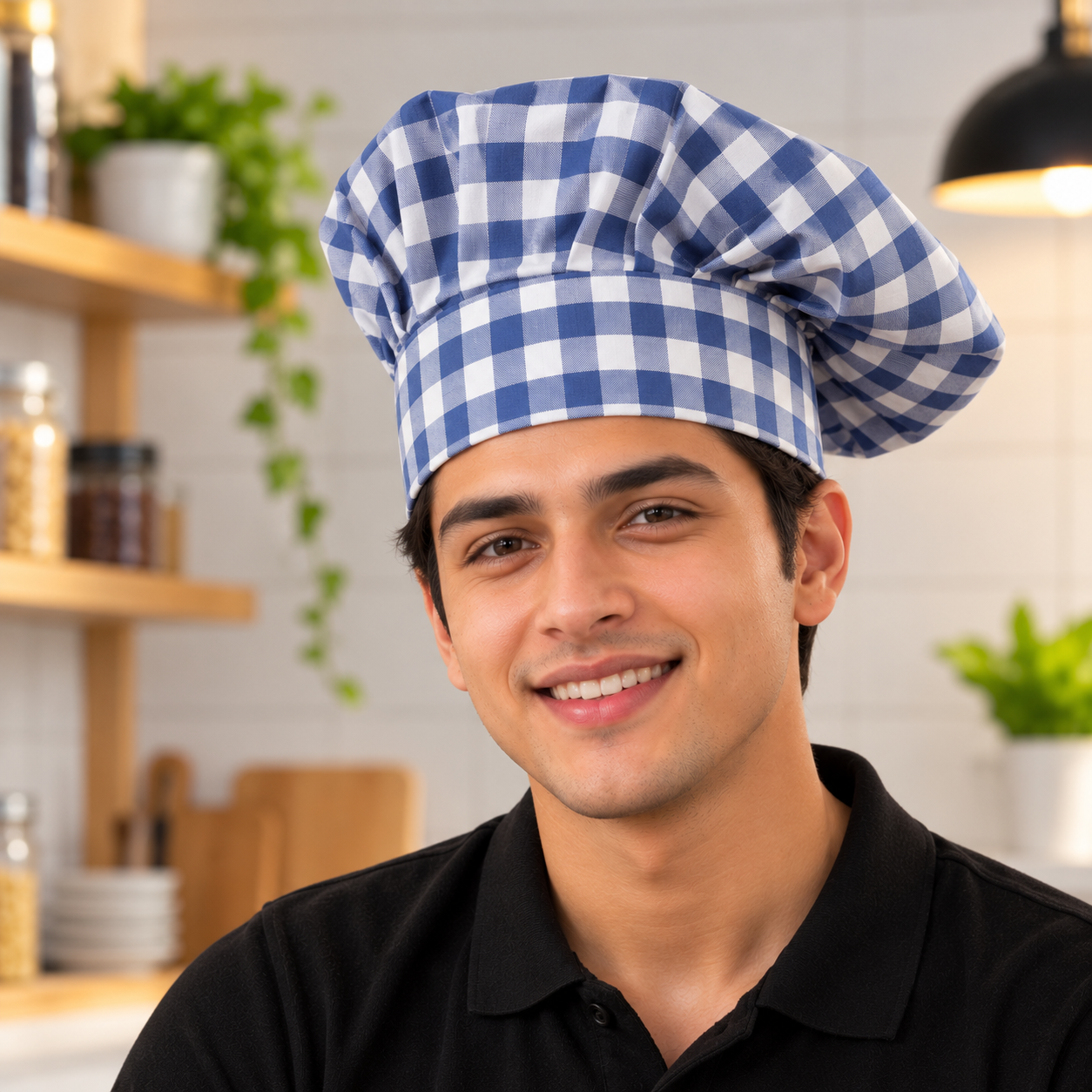 Blue and White Checkered Chef Hat – Professional Kitchen Cap