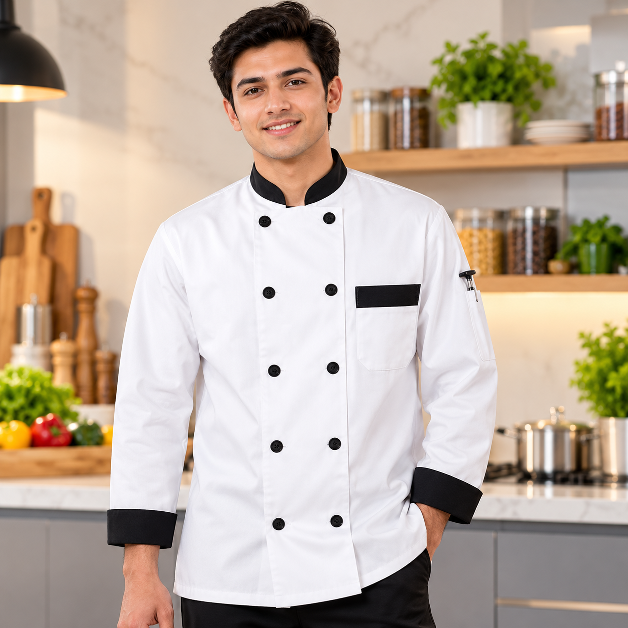 White and Black Professional Chef Coat – Long Sleeve Kitchen Jacket