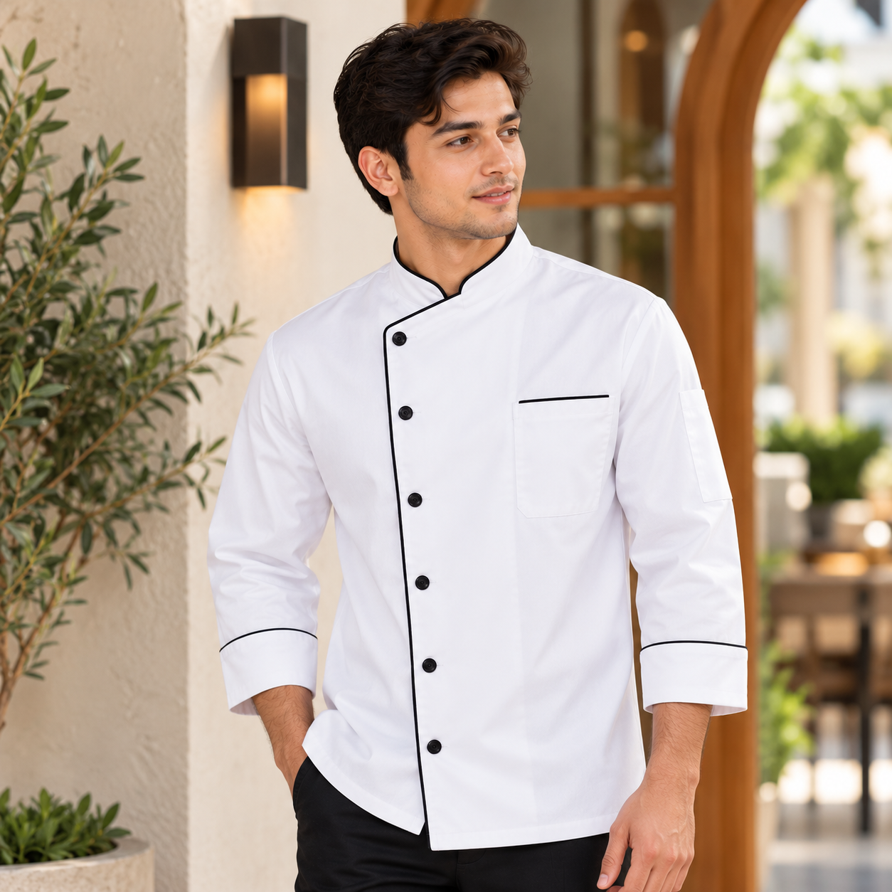 White and Black Piping Chef Coat – Modern Culinary Jacket