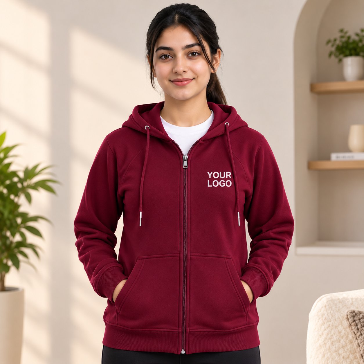 Burgundy Maroon Corporate Zipper Hoodie – Custom Logo Hooded Sweatshirt