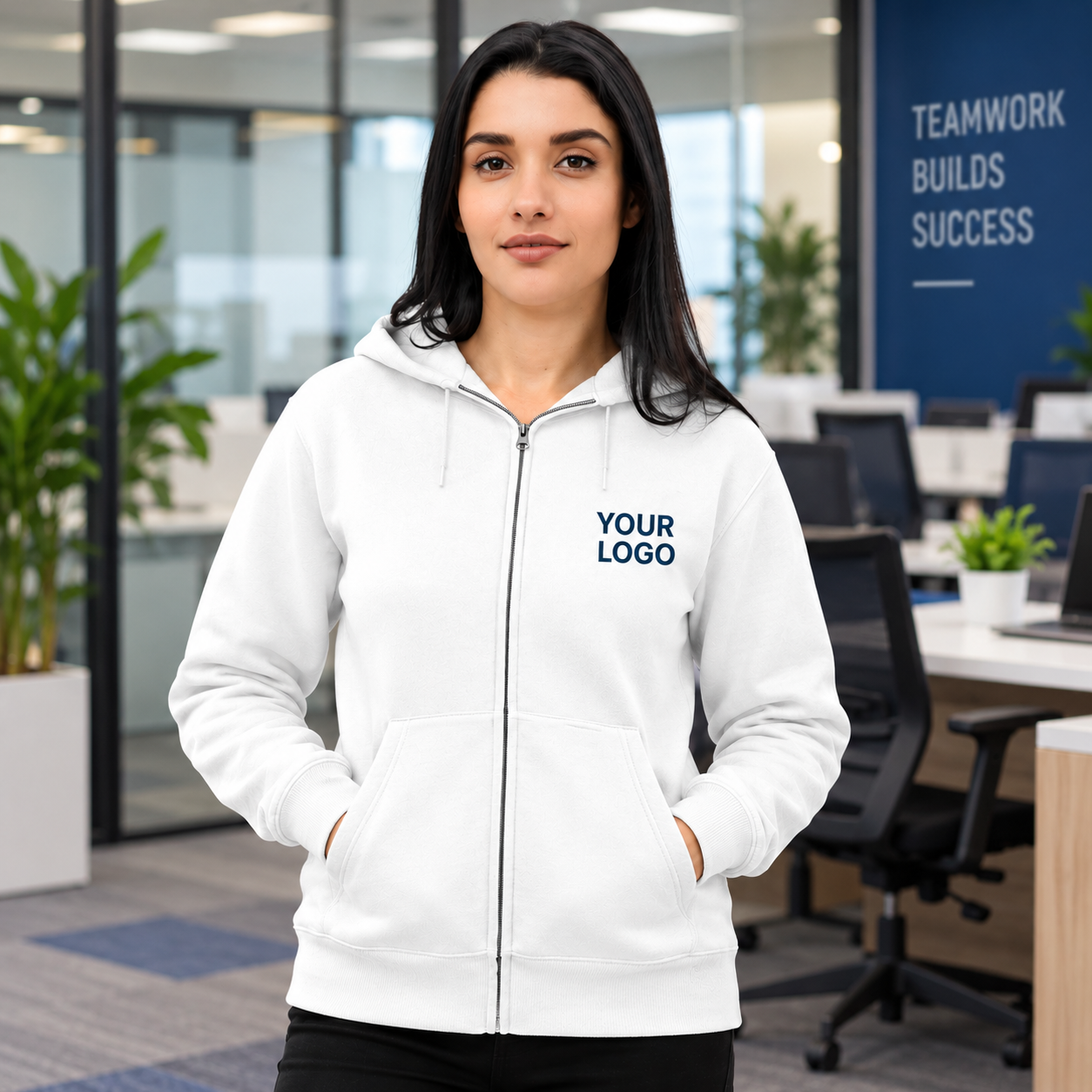 White Corporate Zipper Hoodie – Custom Logo Hooded Sweatshirt