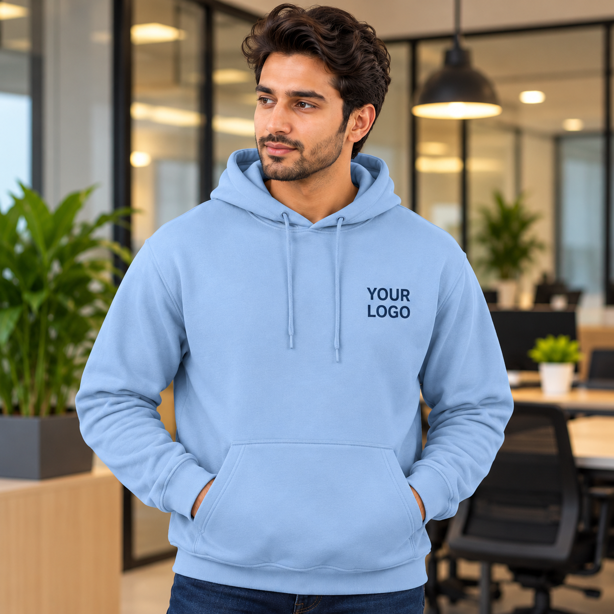 Light Blue Corporate Pullover Hoodie – Custom Logo Hooded Sweatshirt