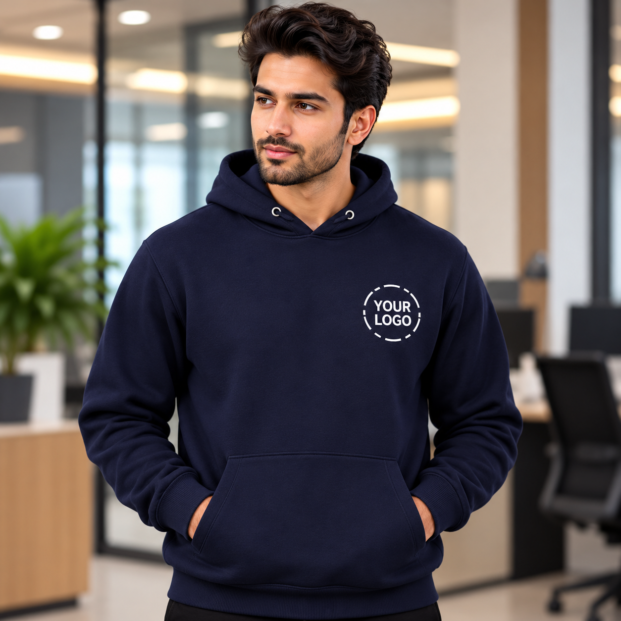 Navy Blue Corporate Pullover Hoodie – Custom Logo Hooded Sweatshirt
