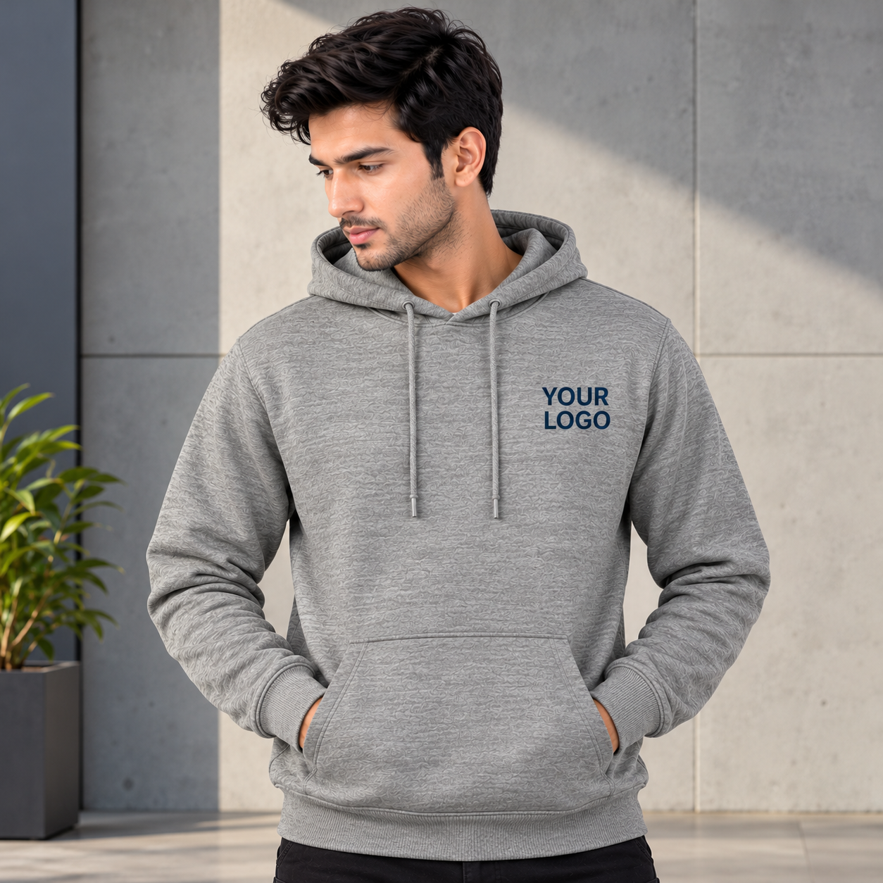 Grey Textured Corporate Pullover Hoodie – Custom Logo Hooded Sweatshirt