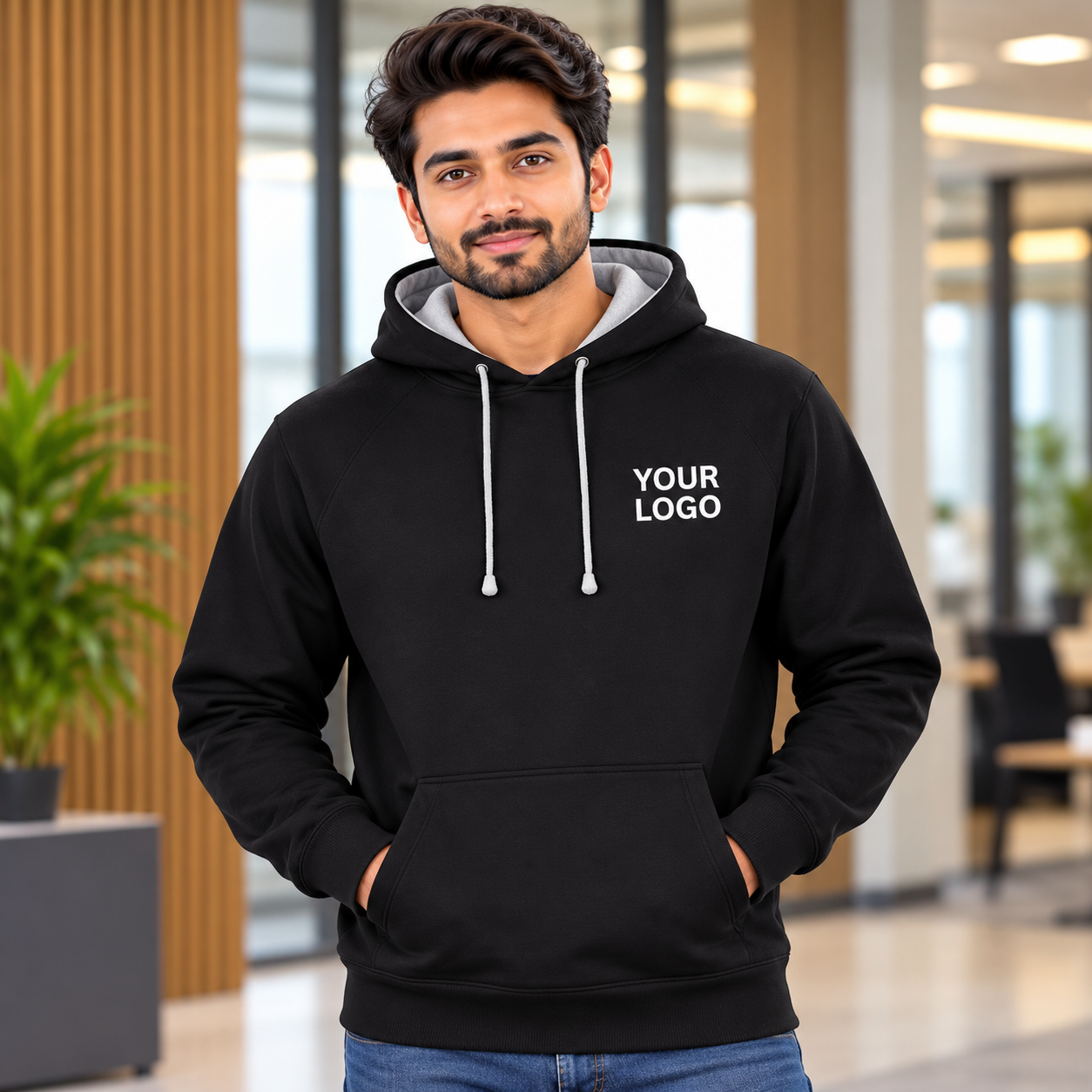 Black Corporate Pullover Hoodie – Custom Logo Hooded Sweatshirt