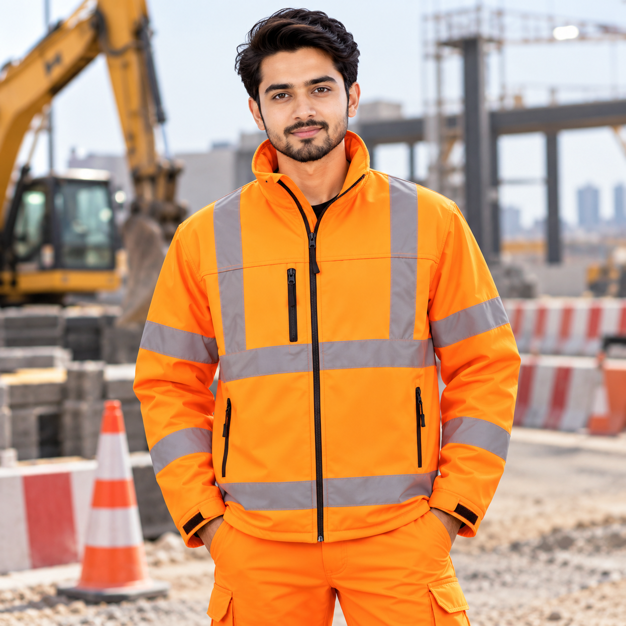 Orange High Visibility Industrial Safety Jacket – Reflective Full-Zip Workwear Jacket