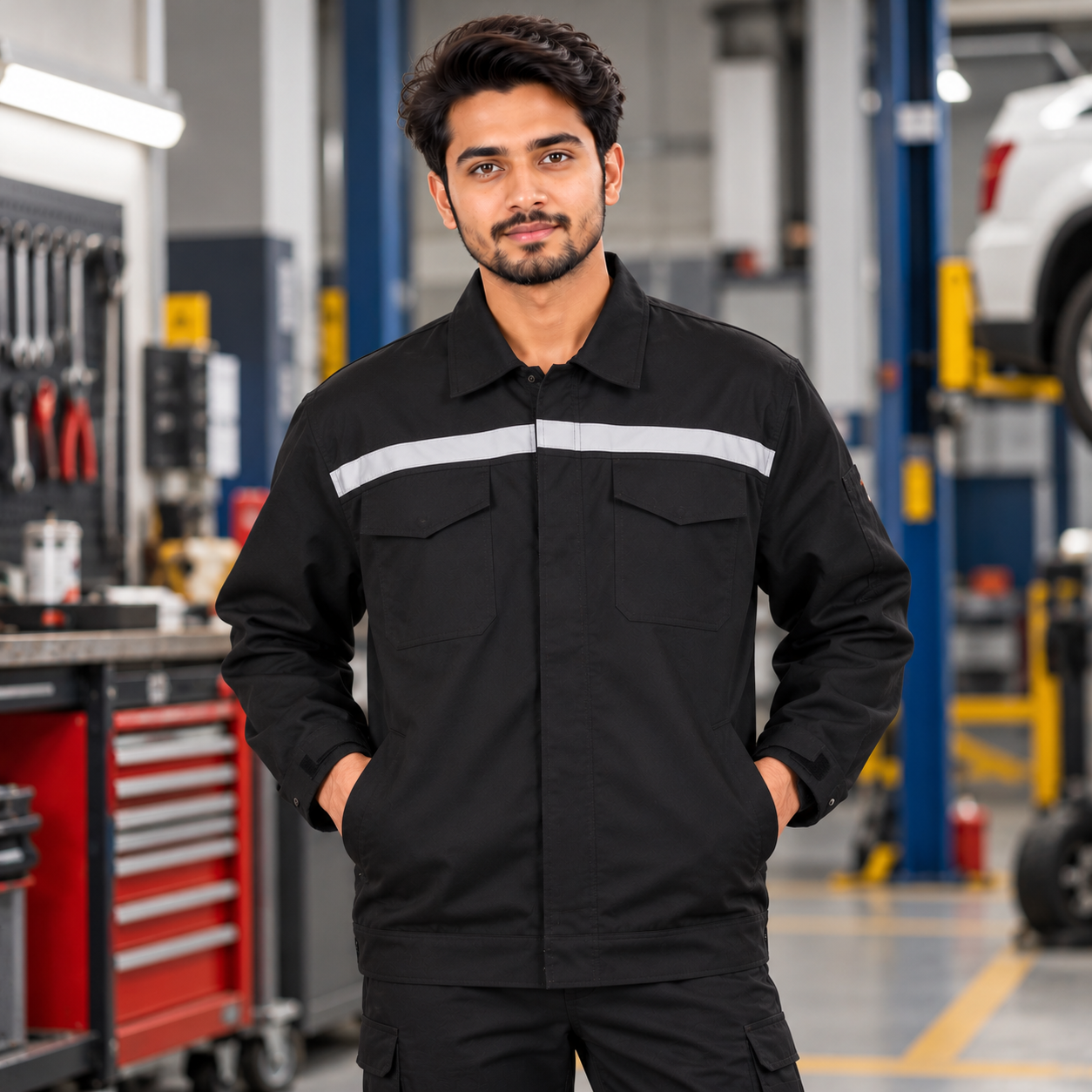 Black Industrial Work Jacket – Reflective Stripe Mechanic and Workshop Uniform Jacket