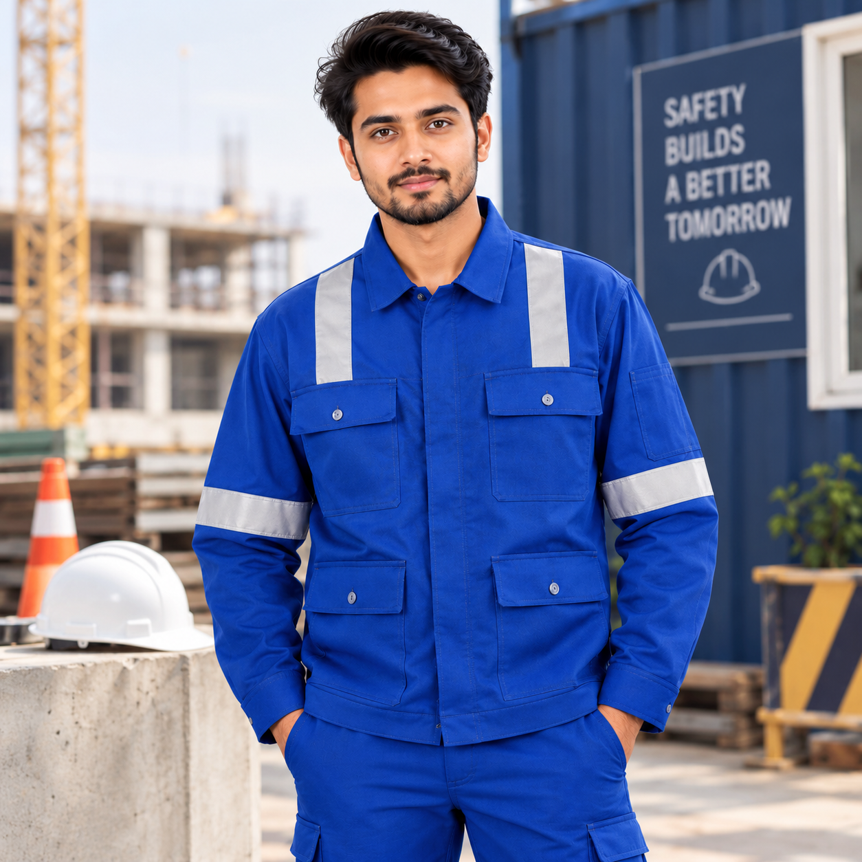 Royal Blue Industrial Safety Jacket – Reflective Stripe Workwear Jacket